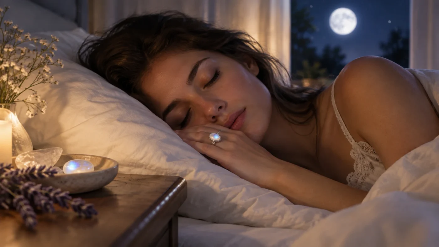 Moonstone ring worn while sleeping during a relaxing nighttime ritual